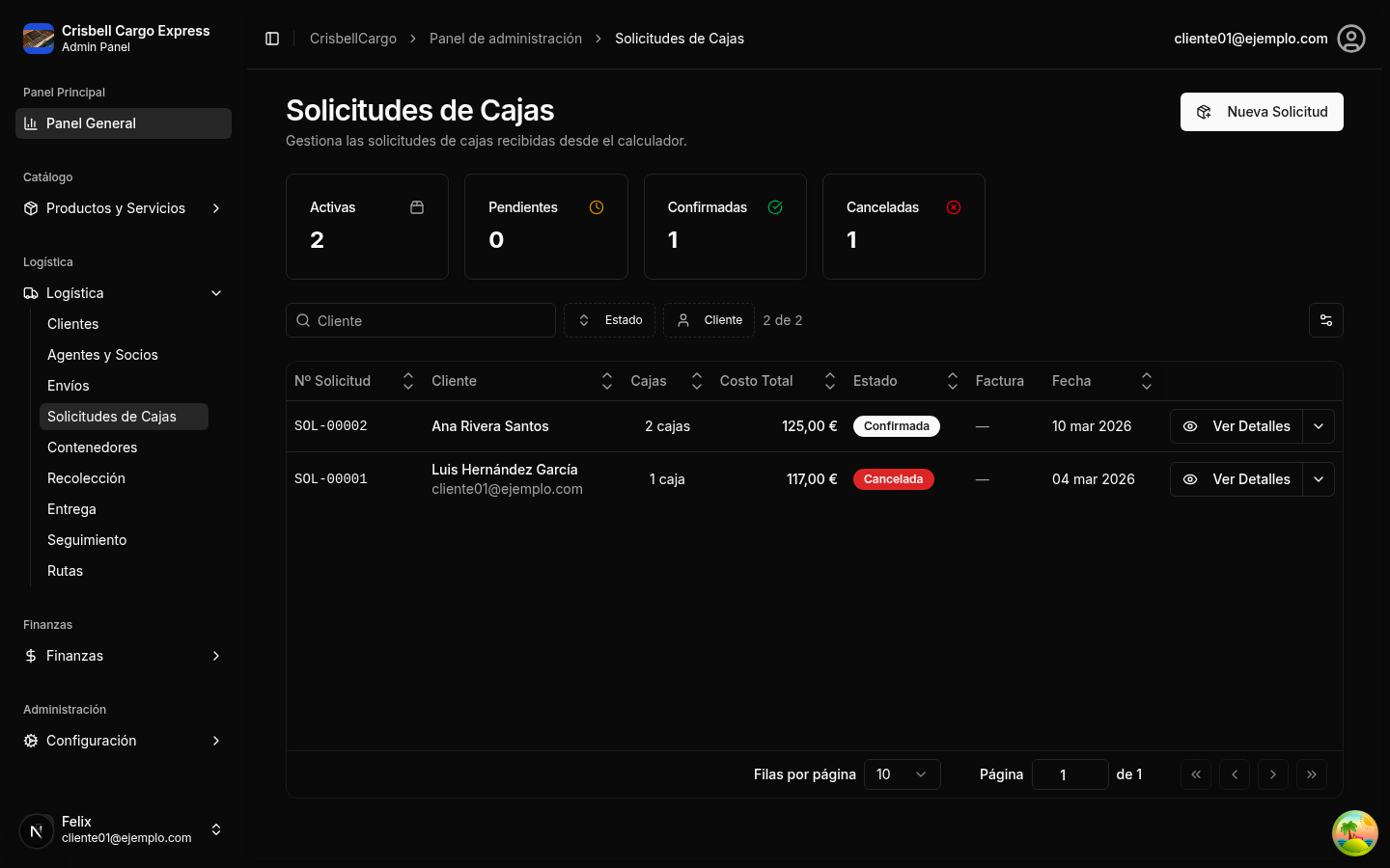 CrisbellCargo — Solicitudes de cajas